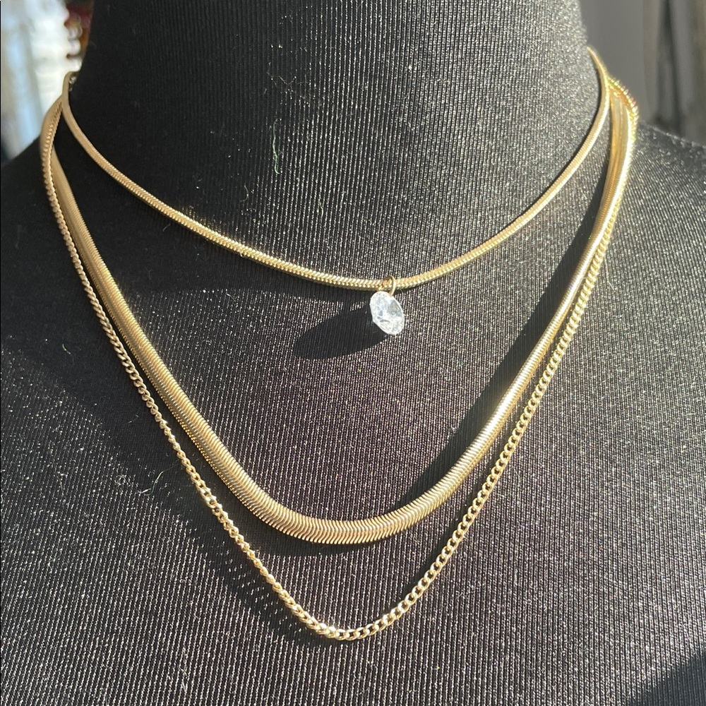 Chico’s Elegant Three Strand Gold Necklace Set with Crystal Pendant